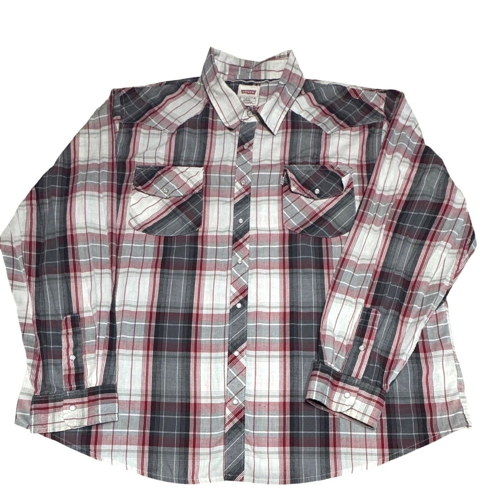 Levis Western Shirt Mens 3XL Pearl Snap Red Plaid Cotton Blend Long Sleeve Reg
